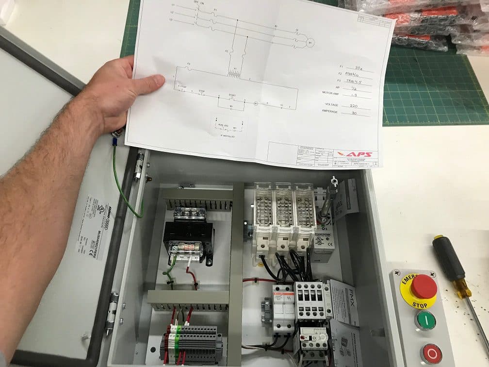 UL 508A control panel interior with wiring diagram and emergency stop